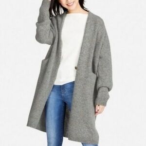 Uniqlo long 100% wool cardigan with one button and pockets marled taupe grey XS